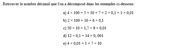 exercice sur Nombre décimal décomposé