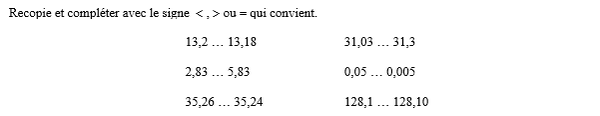 exercice sur Comparer des nombres décimaux