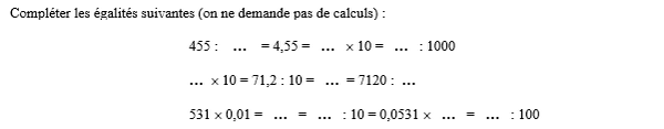 exercice sur Division par 10, 100, 1000