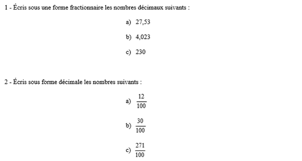 exercice sur Ecriture fractionnaire et écriture décimale