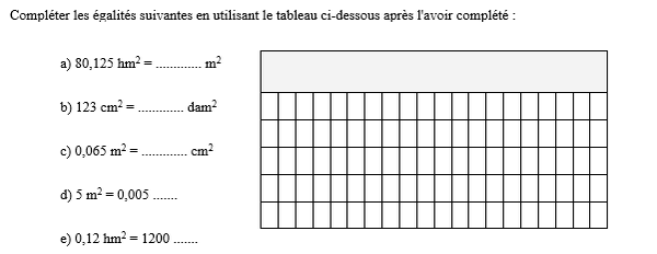 exercice sur Conversions avec les unités d'aire