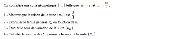 exercice sur Etude d'une suite géométrique