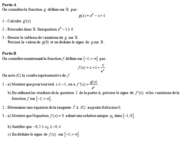 Exercice sur la fonction exponentielle