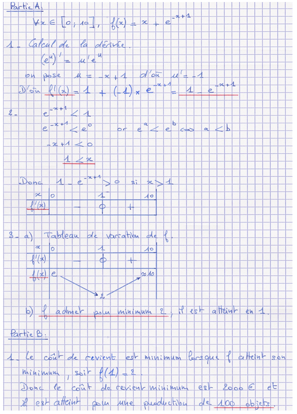 Corrigé exercice 10 sur la fonction exponentielle