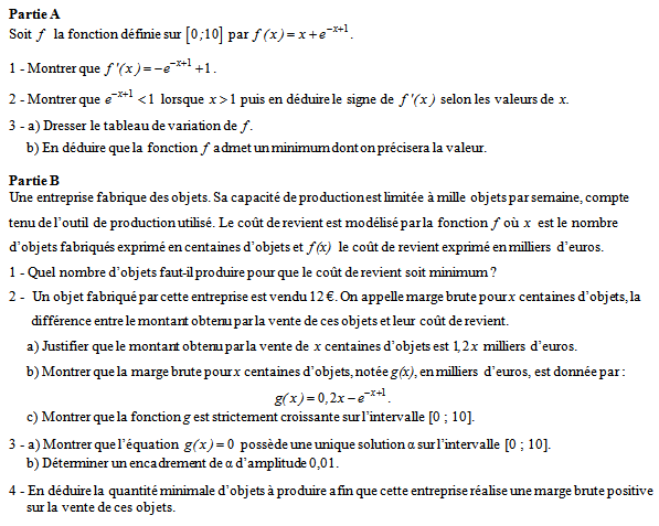 Exercice sur la fonction exponentielle