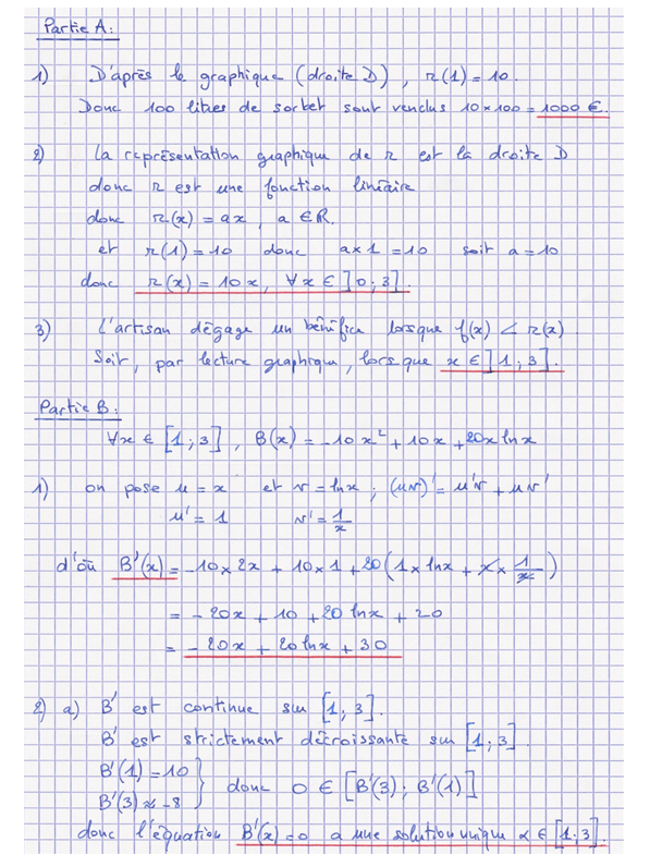 Corrigé exercice 3 sur la fonction logarithme