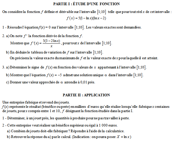 Exercice sur la fonction logarithme