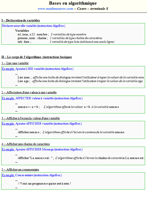 Cours sur les bases en algorithmique - terminale S - page 1