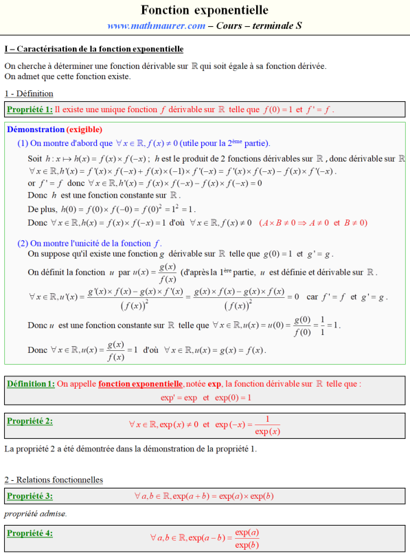 Cours sur la fonction exponentielle - terminale S - page 1