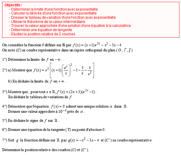 Exercice sur la fonction exponentielle