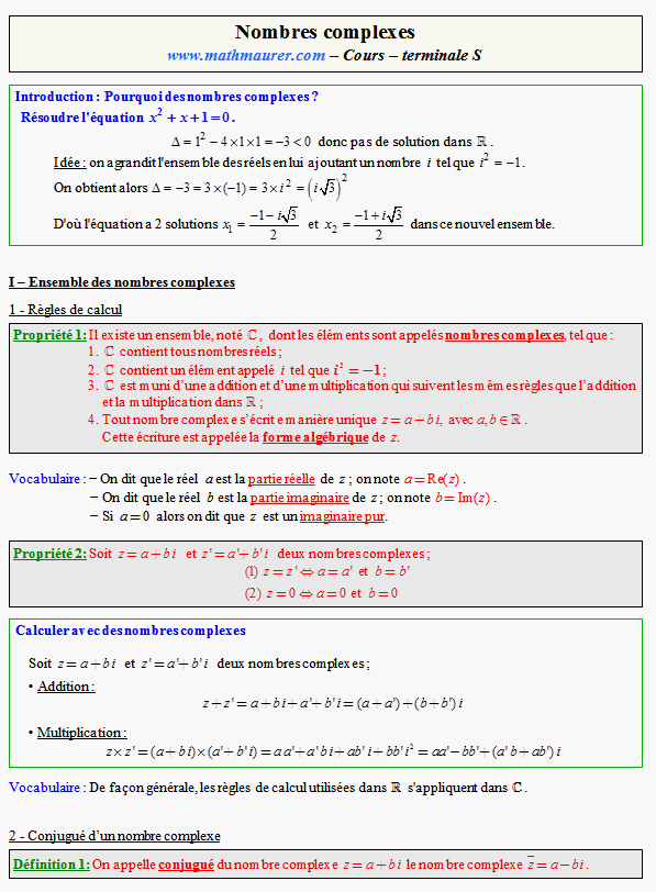 Cours sur les nombres complexes - terminale S - page 1