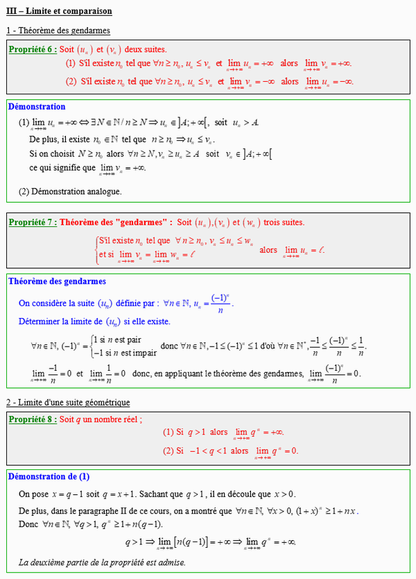 Maths terminale spécialité - Limites et comparaison de suites, théorème des gendarmes