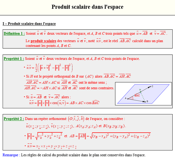 Maths terminale spécialité - Produit scalaire dans l'espace