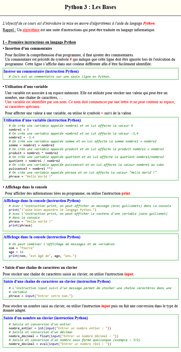 Maths terminale spécialité - Python 3 : variables et instruction print