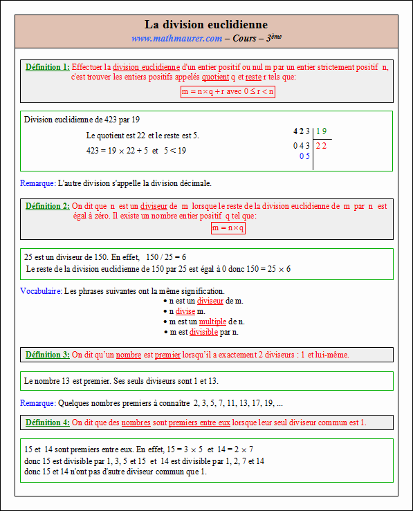 Cours sur la division euclidienne - troisième - page 1