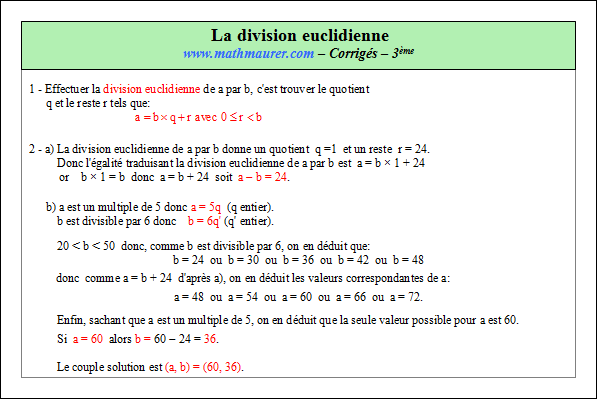 Corrigé exercice 2 sur la division euclidienne