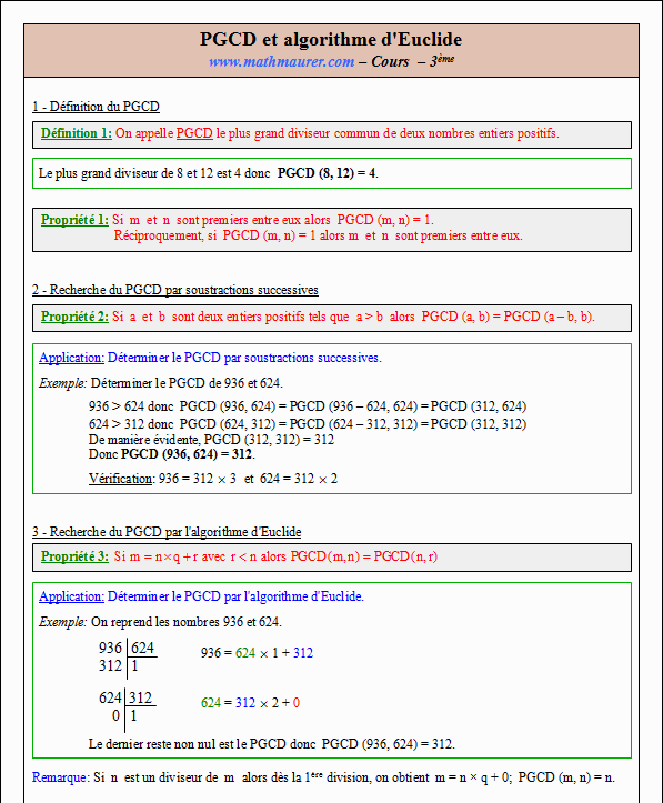 Cours sur le PGCD - troisième - page 1