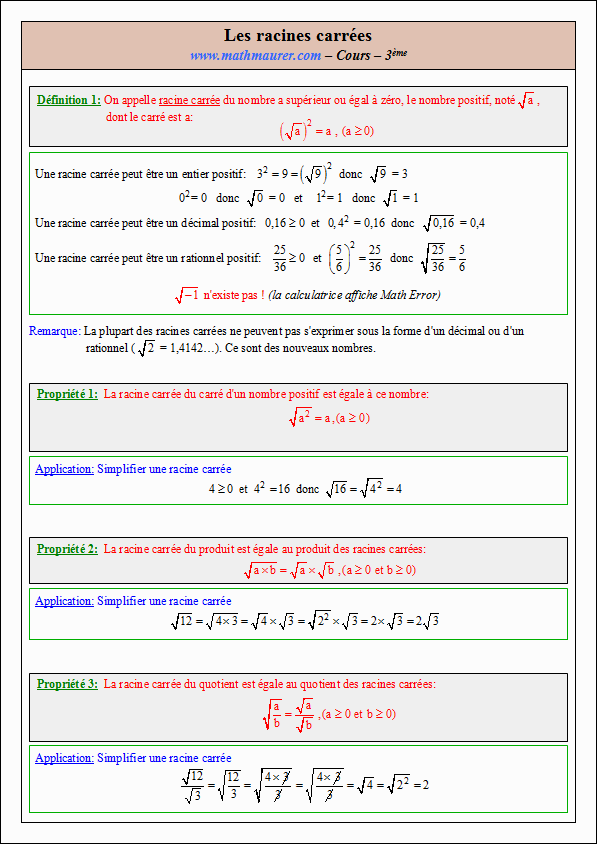 Cours sur les racines carrées - troisième - page 1