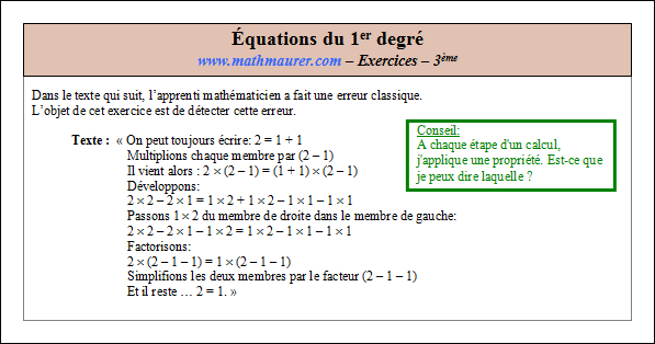 Exercice sur les équations du premier degré à une inconnue