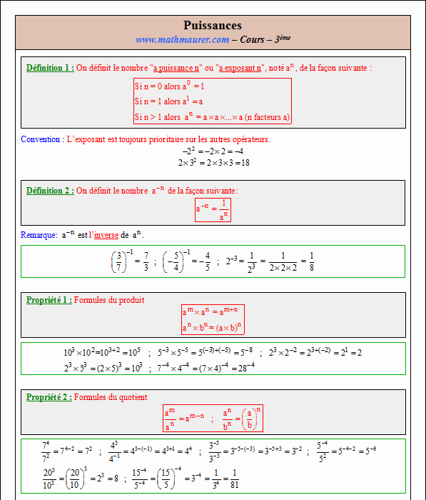Cours sur les puissances - troisième - page 1