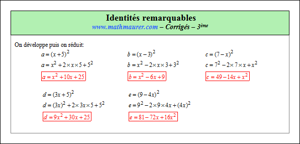 Corrigé exercice 3 sur les identités remarquables