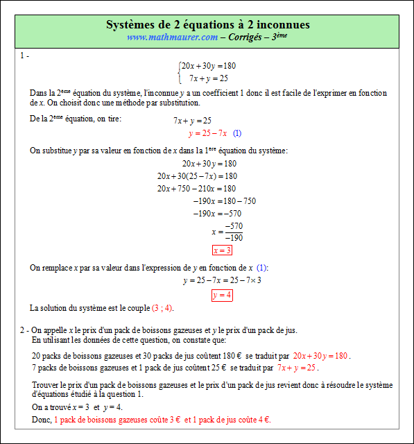 Corrigé exercice 2 sur les systèmes de deux équations à deux inconnues
