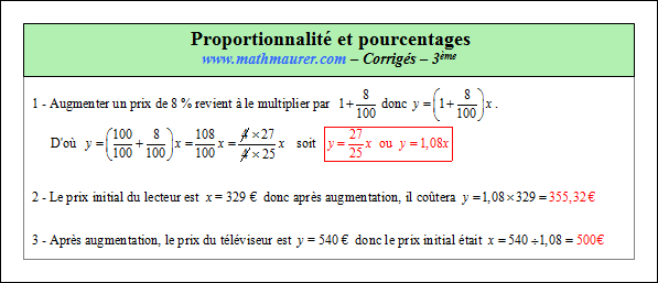 Corrigé exercice 5 sur la proportionnalité et les pourcentages