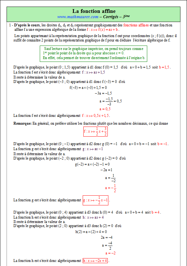 Corrigé exercice 2 sur la fonction affine