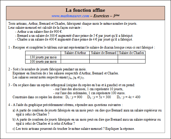 Exercice sur la fonction affine