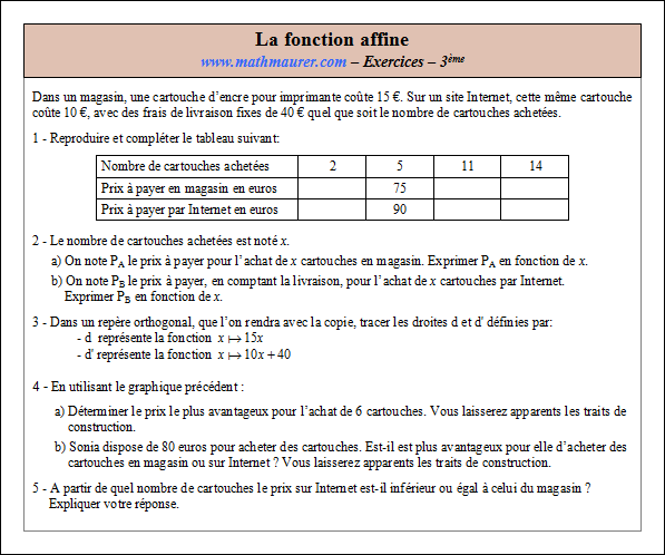 Exercice sur la fonction affine