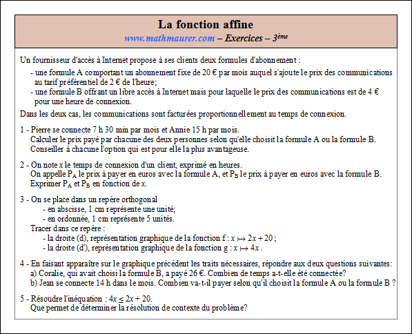 Exercice sur la fonction affine