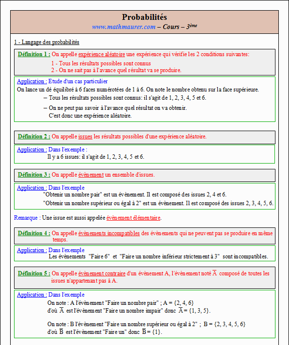 Cours sur les probabilités - troisième - page 1