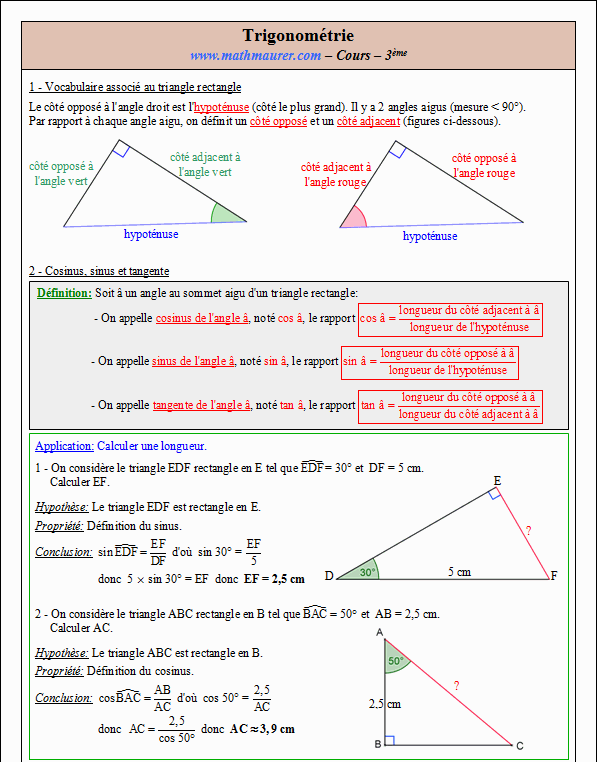 Cours sur la trigonométrie - troisième - page 1