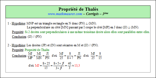 Corrigé exercice 1 sur la propriété de Thalès