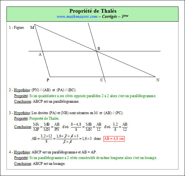 Corrigé exercice 2 sur la propriété de Thalès
