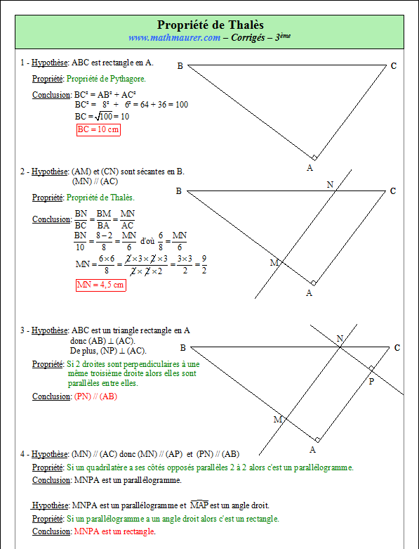 Corrigé exercice 3 sur la propriété de Thalès