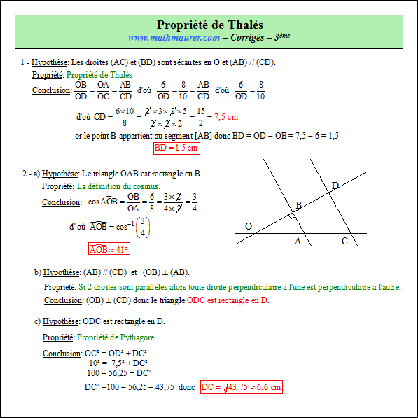 Corrigé exercice 7 sur la propriété de Thalès
