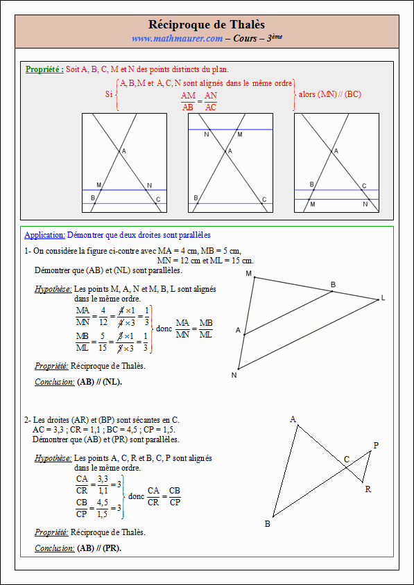 Cours sur la réciproque de Thalès - troisième - page 1