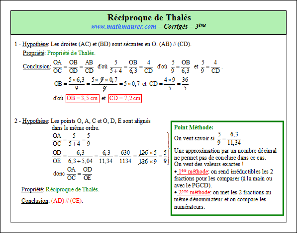 Corrigé exercice 2 sur la réciproque de Thalès