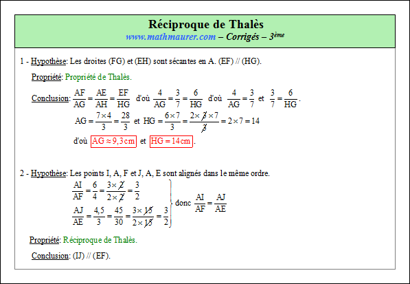 Corrigé exercice 3 sur la réciproque de Thalès