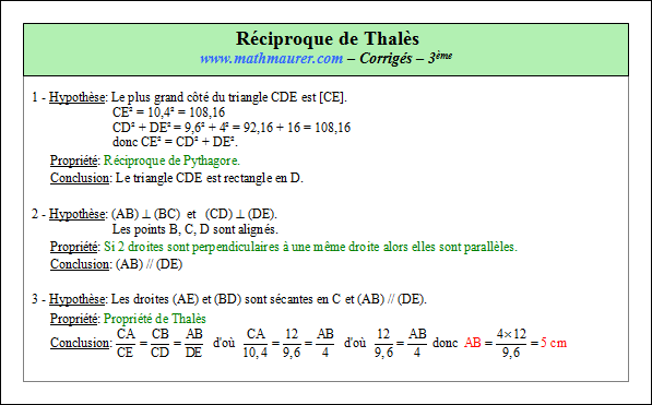 Corrigé exercice 9 sur la réciproque de Thalès