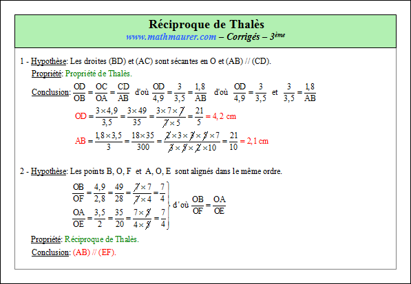Corrigé exercice 10 sur la réciproque de Thalès
