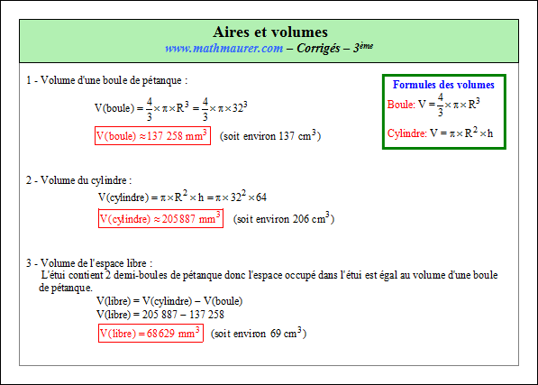 Corrigé exercice 3 sur les aires et les volumes