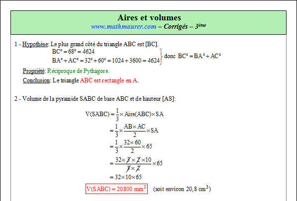 Corrigé exercice 4 sur les aires et les volumes