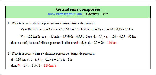 Corrigé exercice 1 sur la vitesse et grandeurs composées