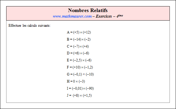 Exercice sur nombres relatifs