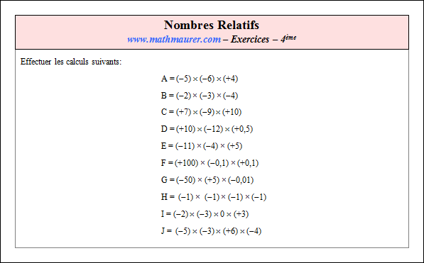 Exercice sur nombres relatifs