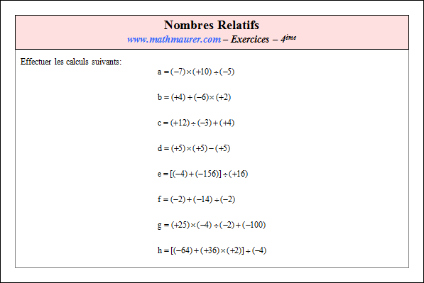 Exercice sur nombres relatifs