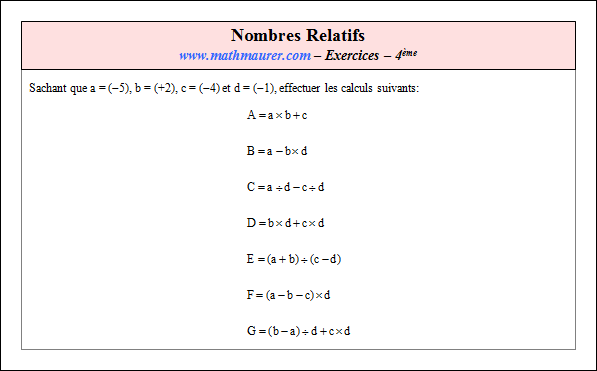 Exercice sur nombres relatifs