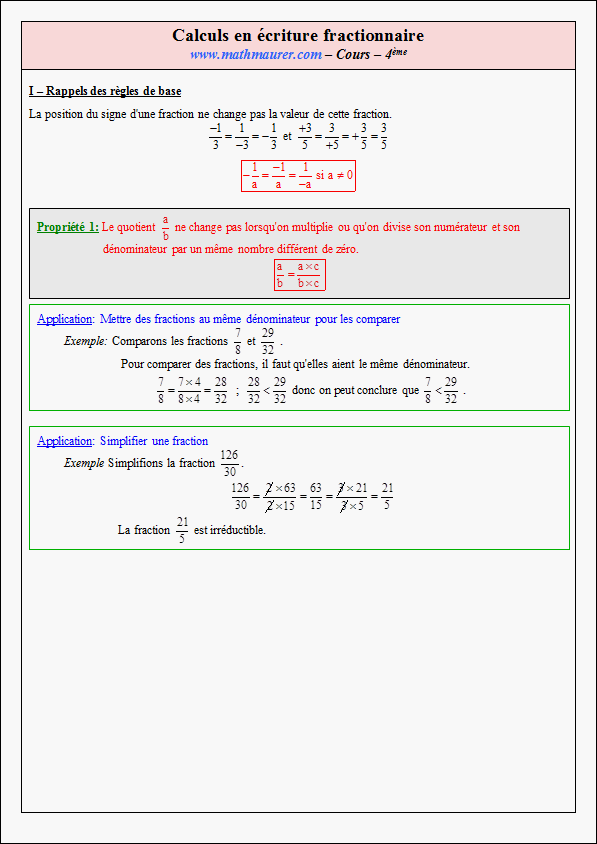 Cours sur les fractions - quatrième- page 1
